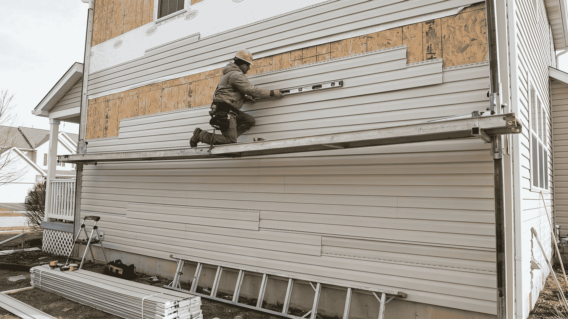 Installing vinyl siding panels row by row on exterior wall