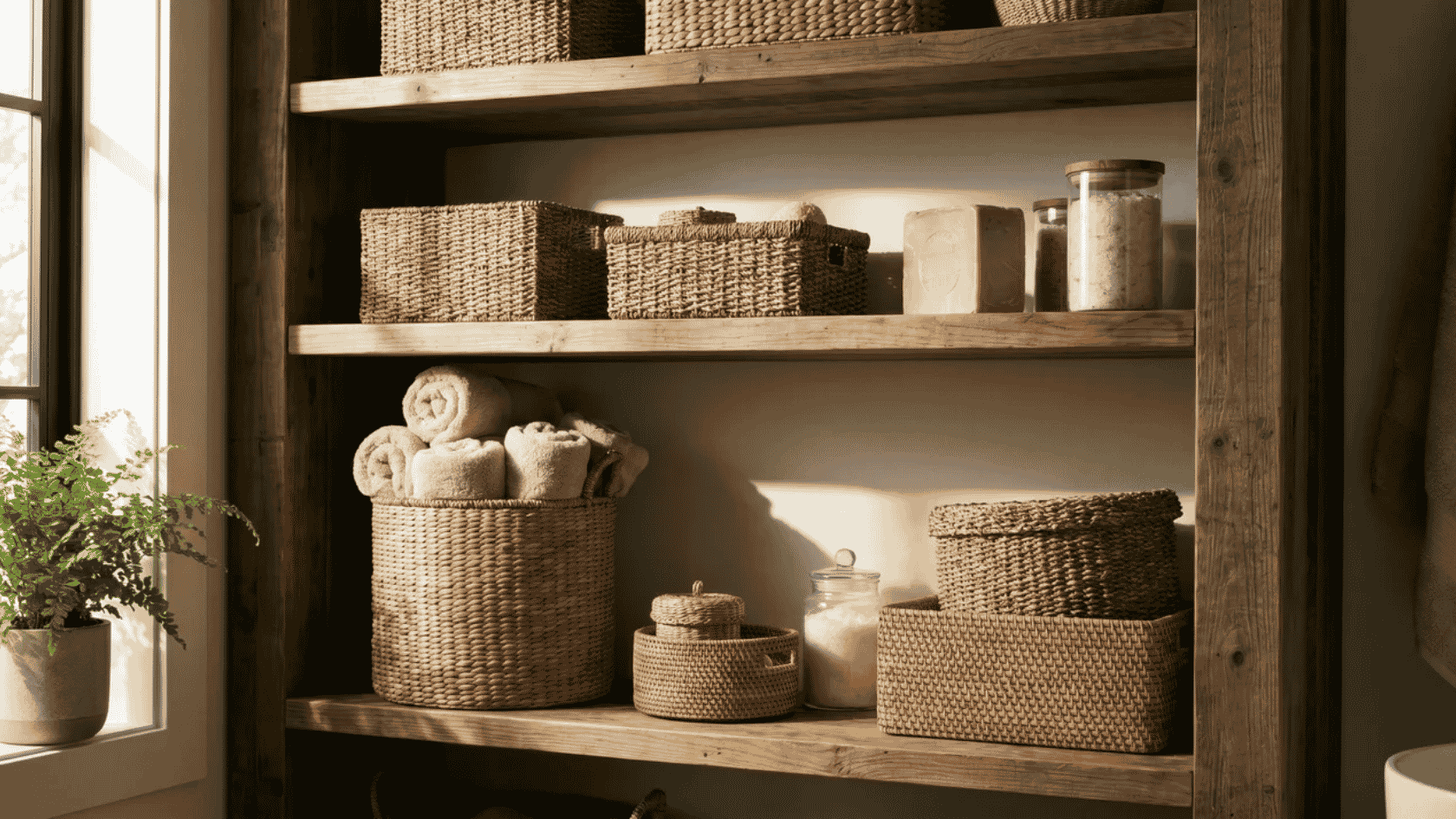 Wooden bathroom shelves with woven baskets and rolled towels, soft natural light, and a cozy spa-inspired feel.