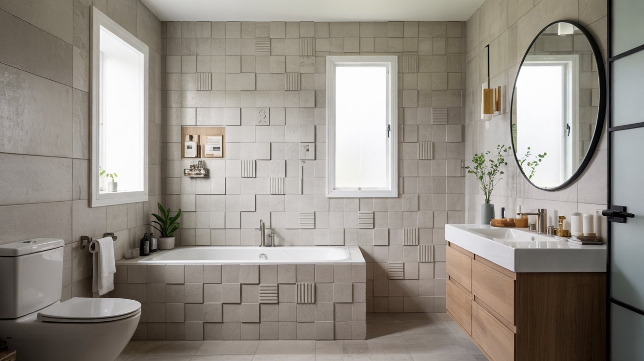 Modern bathroom with a 3D textured tile accent wall featuring raised geometric relief patterns and a wood vanity with a large oval mirror.