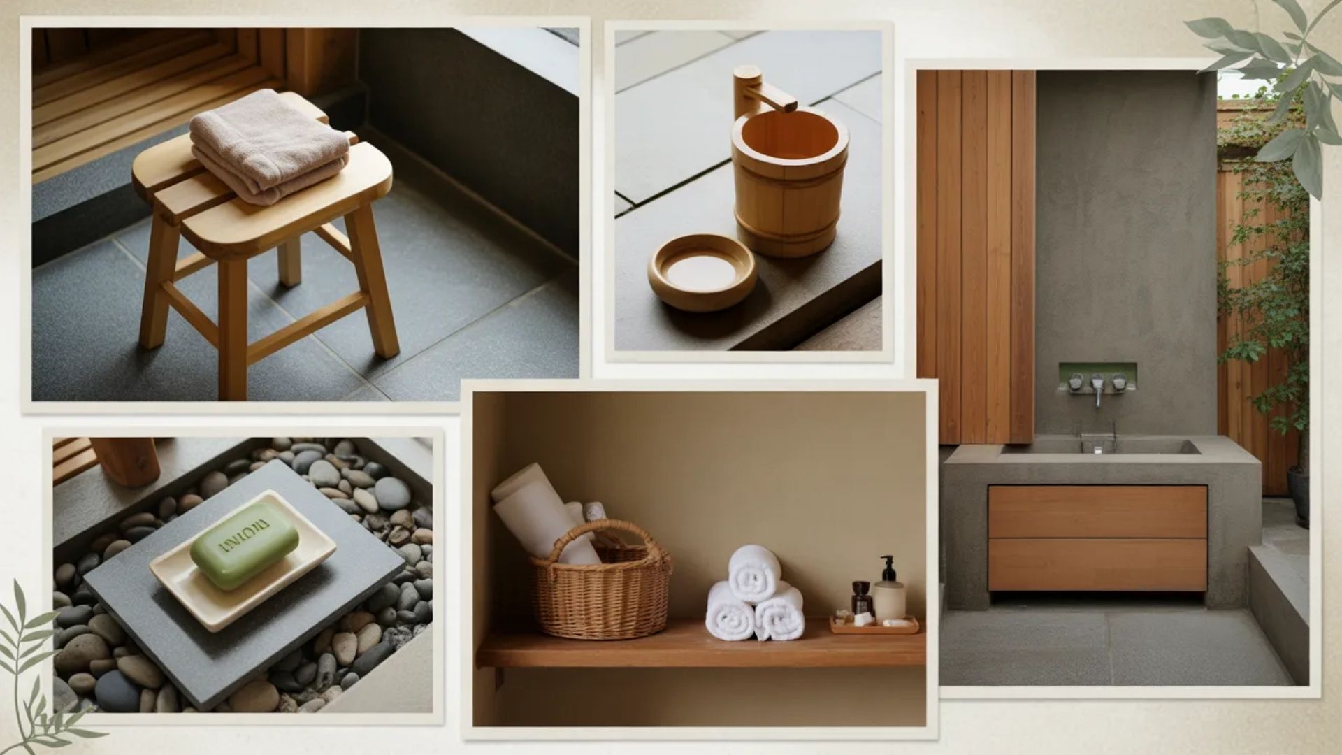 Multi-panel collage of minimalist Japanese bathroom accessories, including a wood stool, bucket, stone vanity sink, and woven basket.