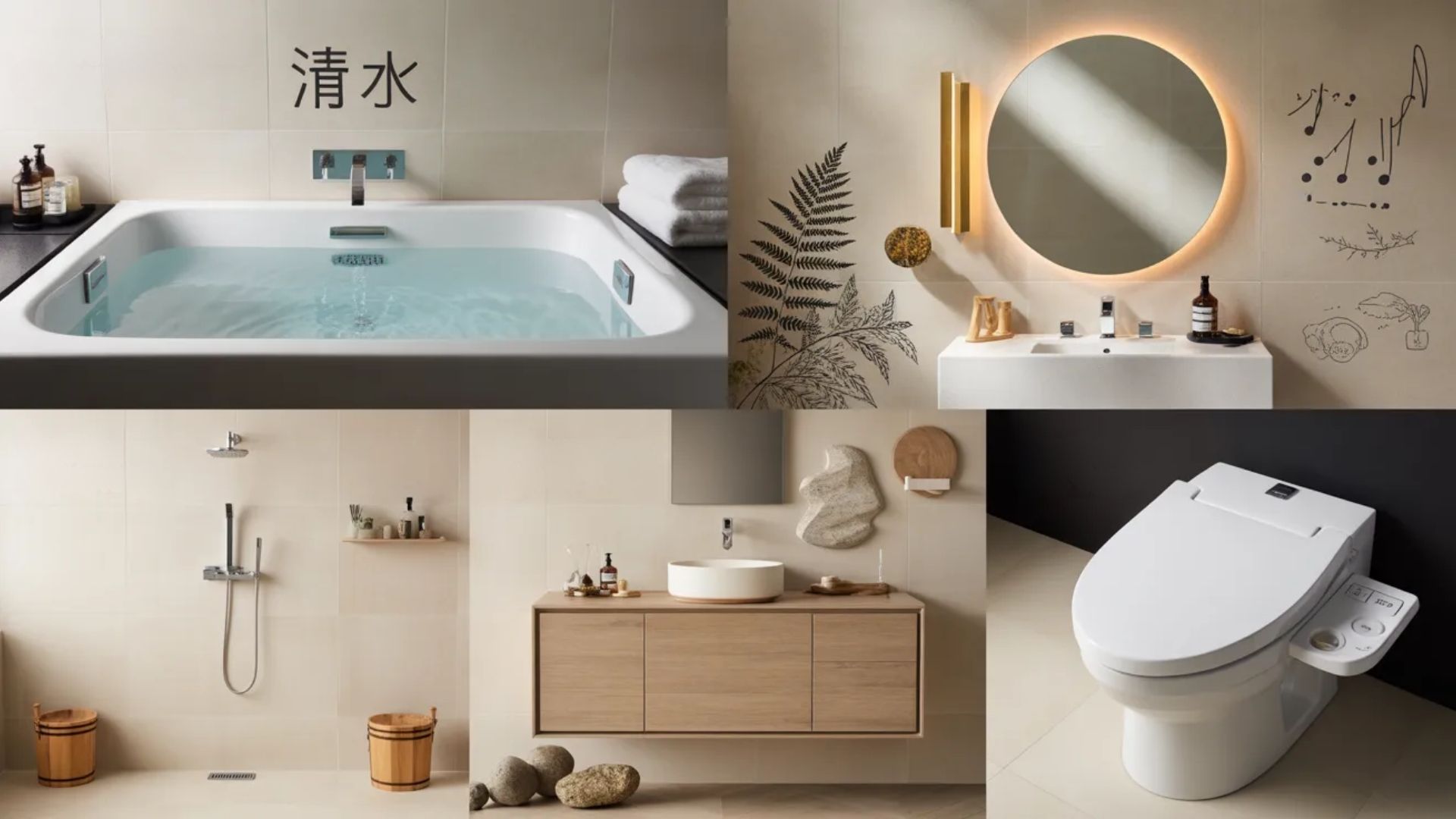 Four-panel collage showcasing a deep soaking tub, backlit round mirror, handheld shower fixture, and a smart bidet toilet.