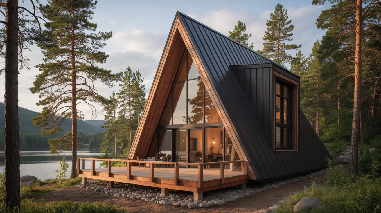A-frame house with steep triangular roof and large glass front