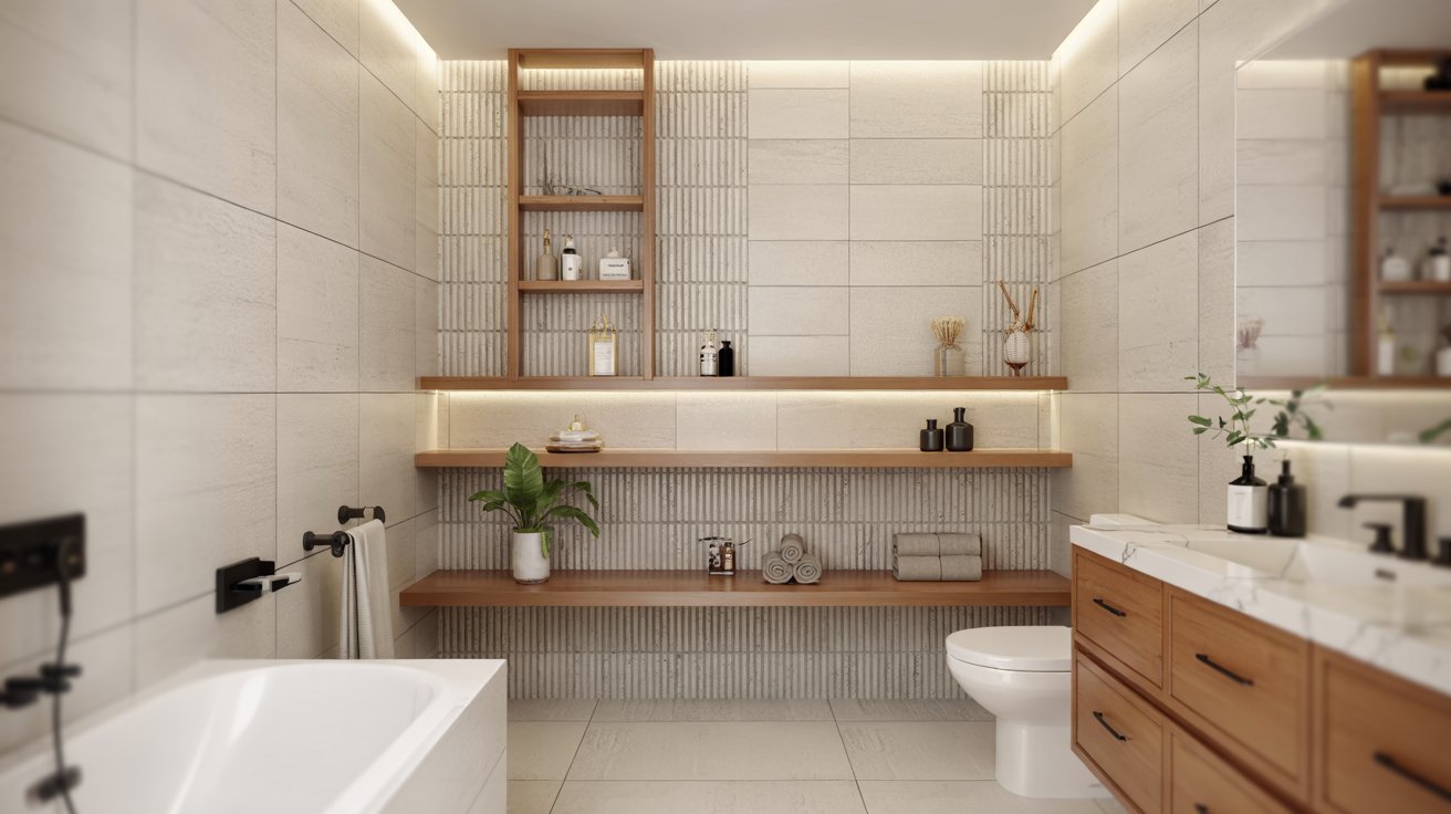 Bathroom with vertical stack bond tiles, a long wood-slab ledge floating beneath a matching wood-framed shelf insert, and integrated accent lighting.