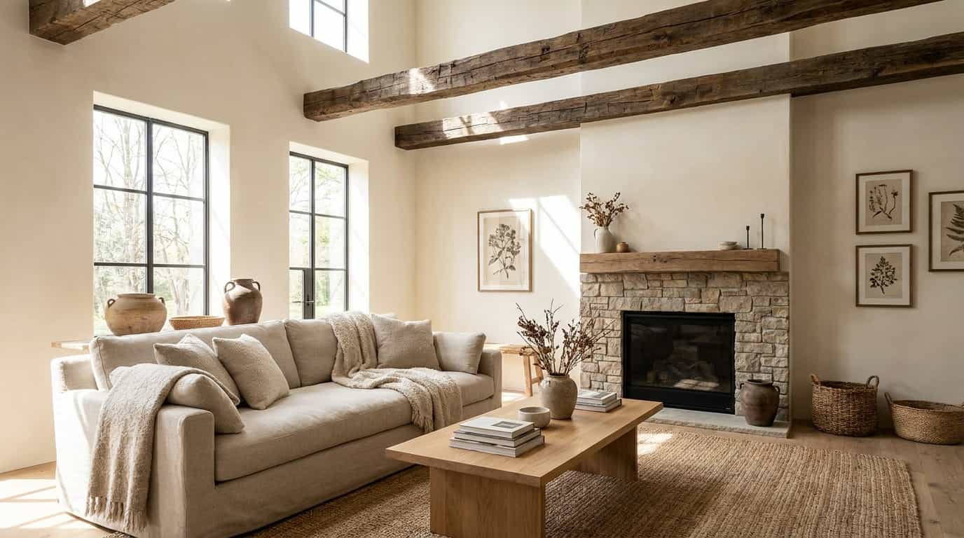 Modern rustic living room with exposed wood ceiling beams and neutral decor