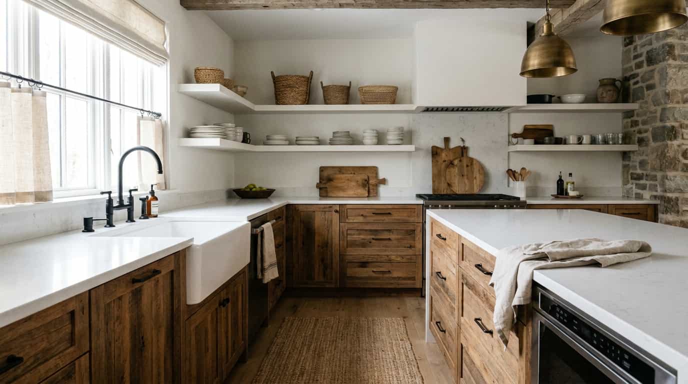 Modern rustic kitchen with farmhouse apron sink and wood cabinets