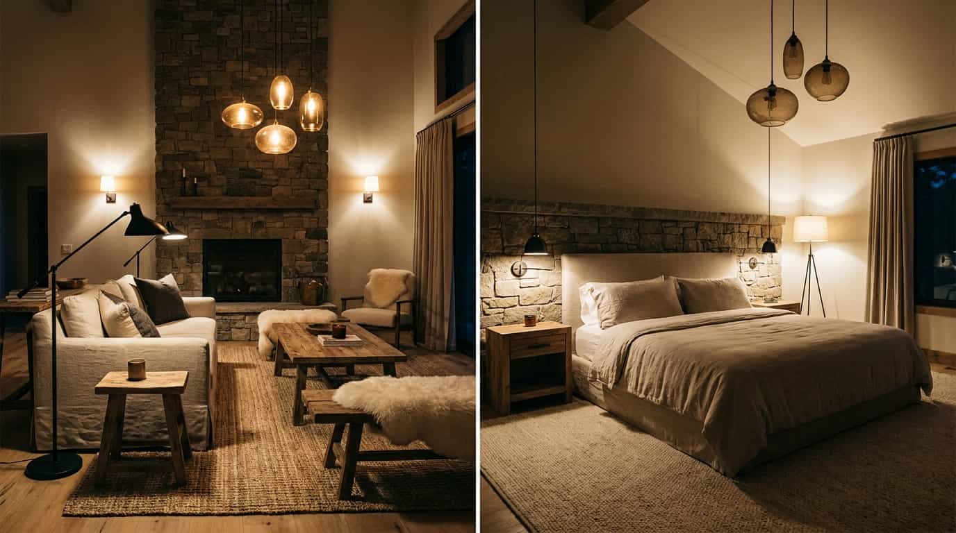 Modern rustic living room and bedroom in the evening with layered lighting and natural textures