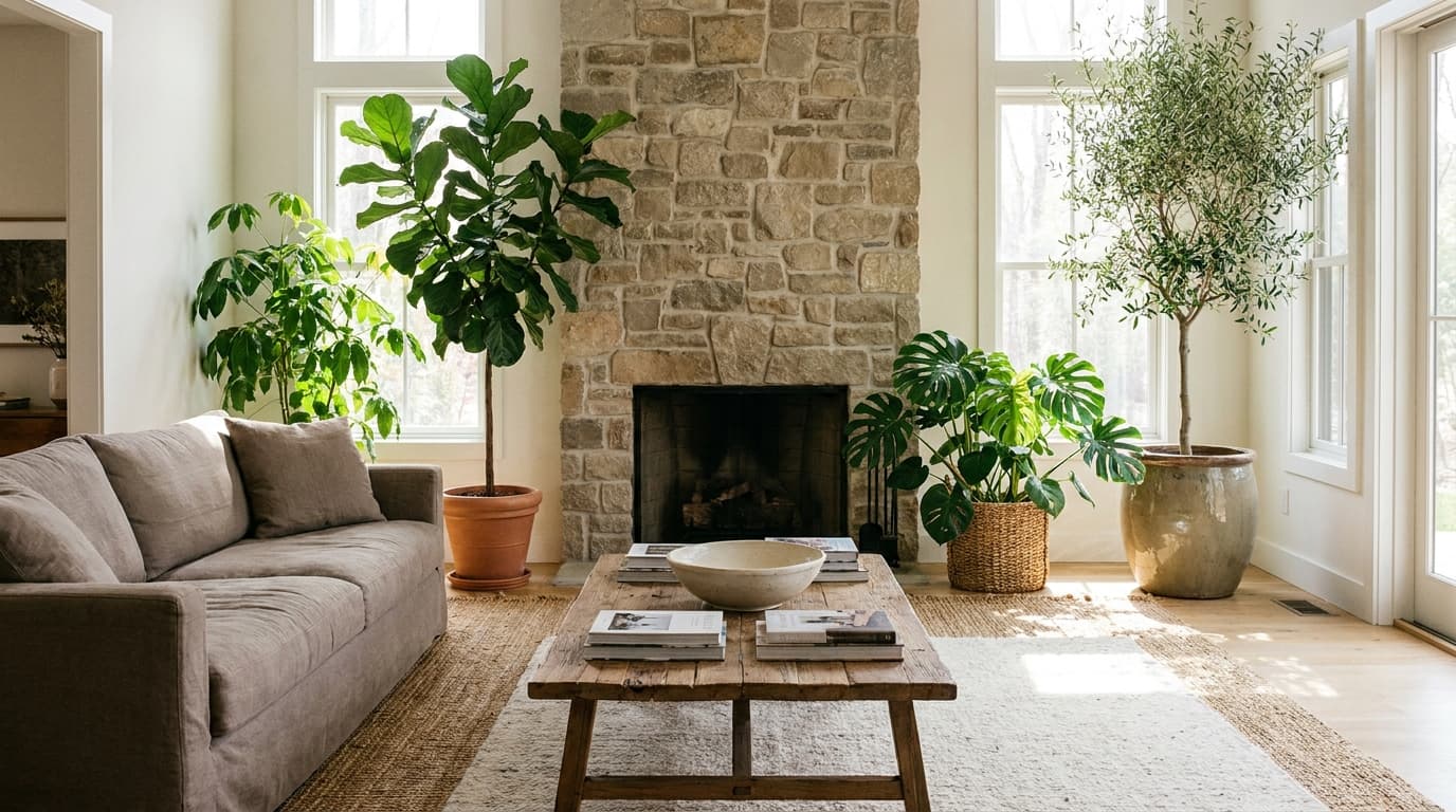 Modern rustic living room with plants and natural materials