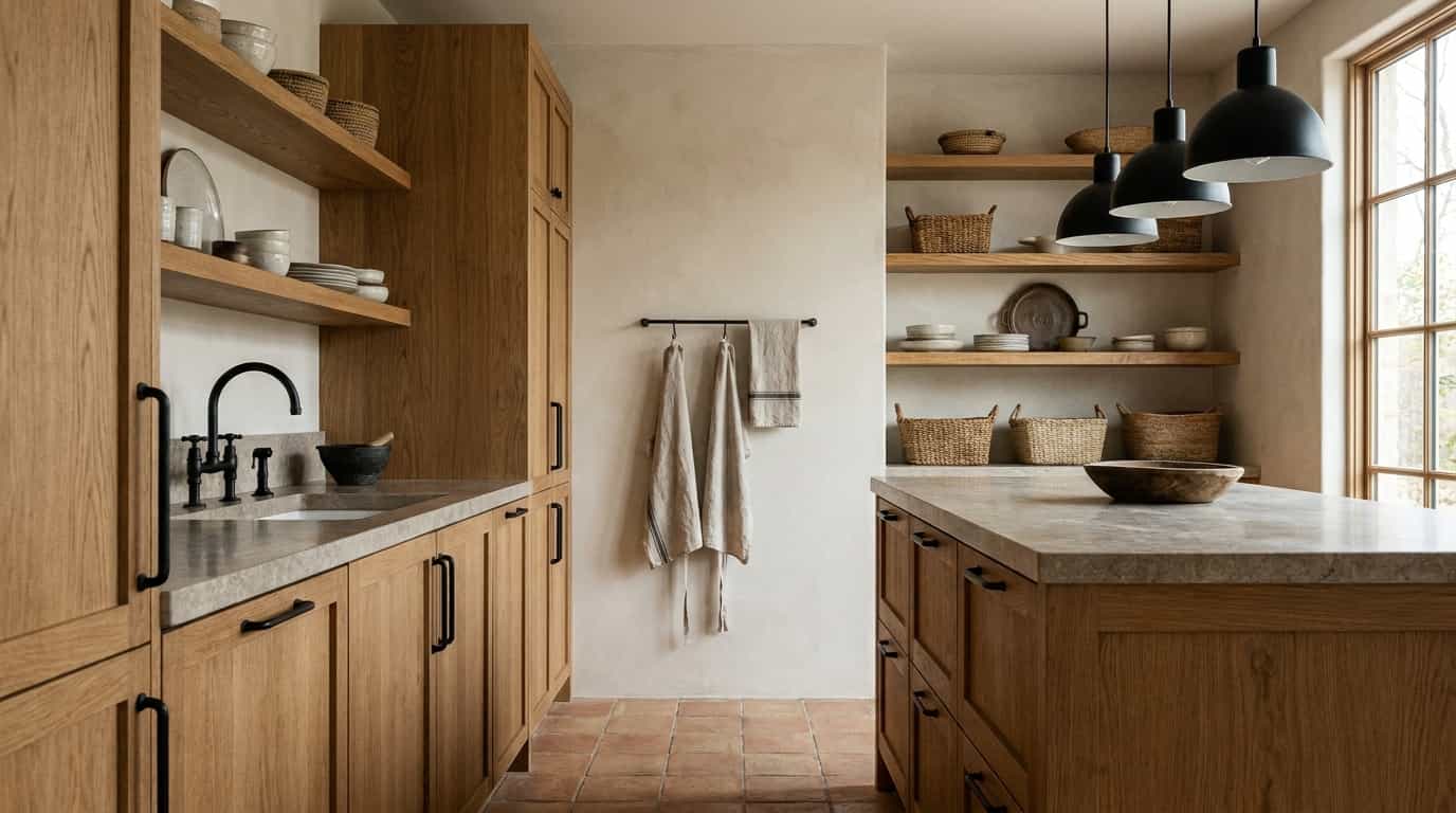 Rustic kitchen with matte black fixtures and warm wood cabinets