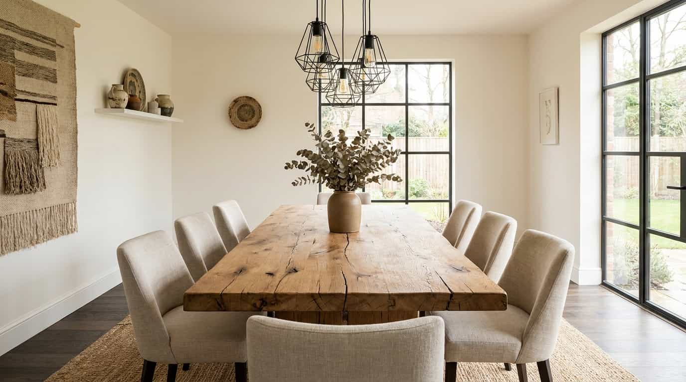 Modern rustic dining room with reclaimed wood dining table