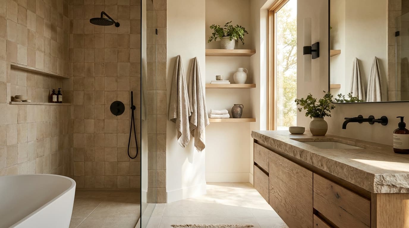 Bathroom with textured stone-look wall tiles and warm natural finishes.