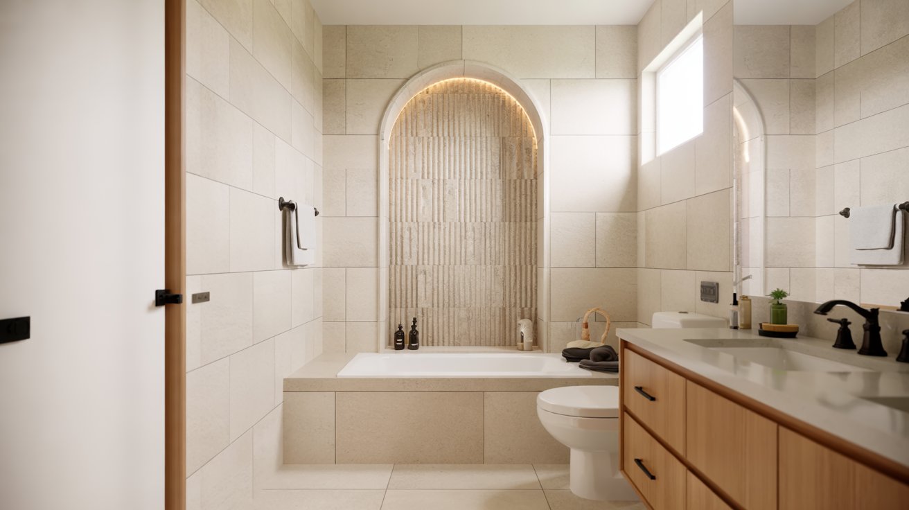 Modern bathroom with a recessed arched alcove behind a built-in bathtub, vertical neutral tiles, and soft accent lighting.