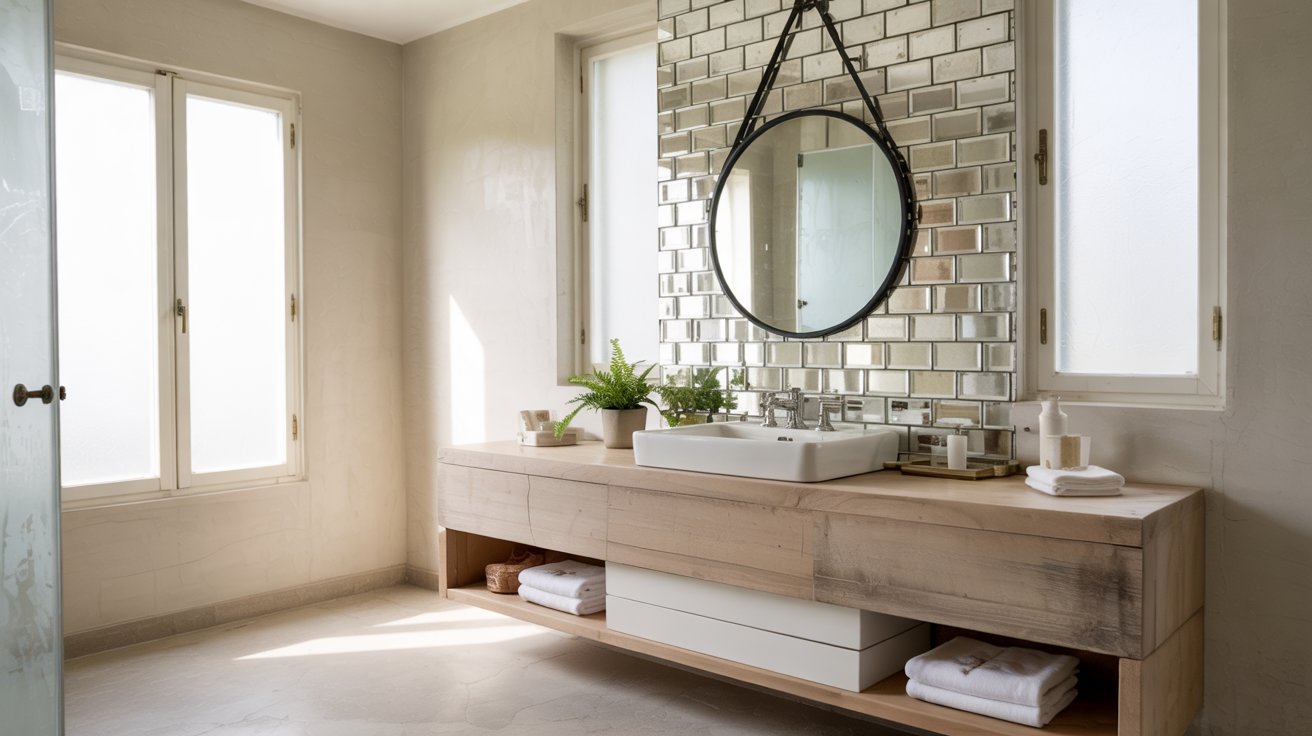 Antique mirror mosaic tile wall behind a white vanity with a large round mirror.