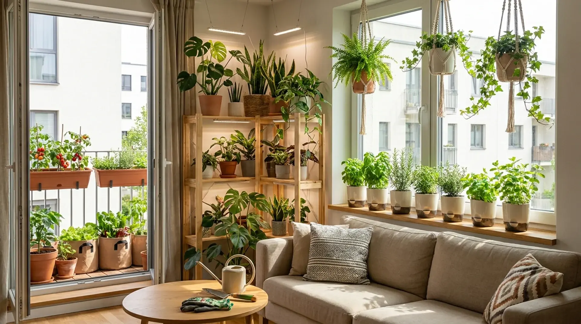 Modern apartment garden with potted plants, herbs, vegetables, shelves, and balcony planters.