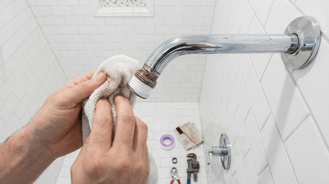 Applying fresh Teflon tape to clean shower arm threads after removing old residue before installing a new showerhead in a white tiled bathroom.