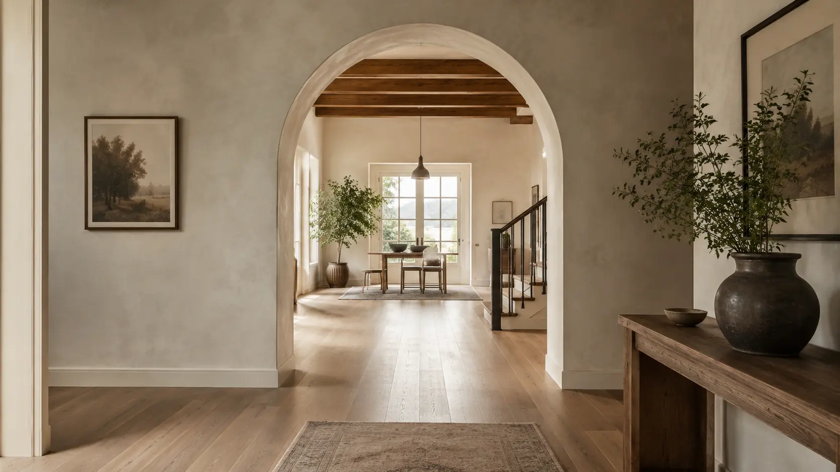 Modern farmhouse hallway with a wide arched doorway, limewashed walls, natural wood floors, and simple framed artwork.