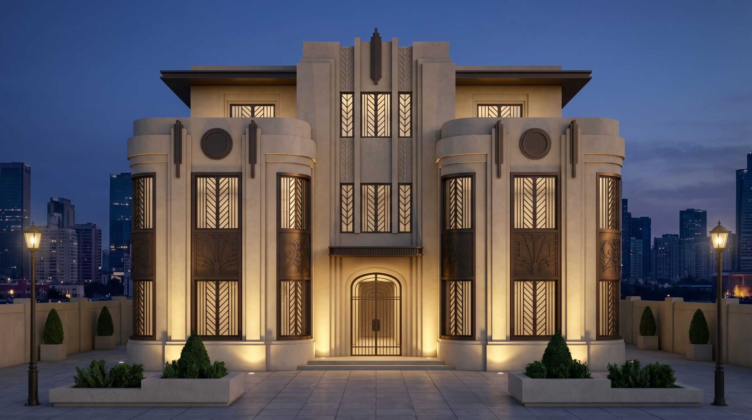 Art Deco with geometric shapes, facade, facade, and bold vertical lines