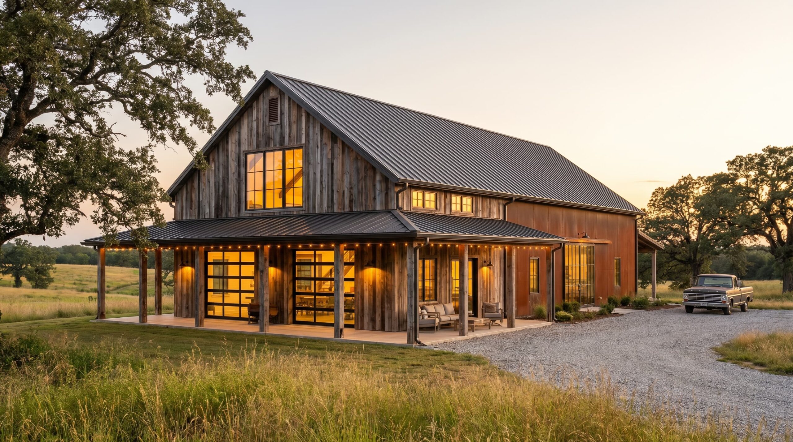 Barndominium with metal siding, large doors, and rural surroundings