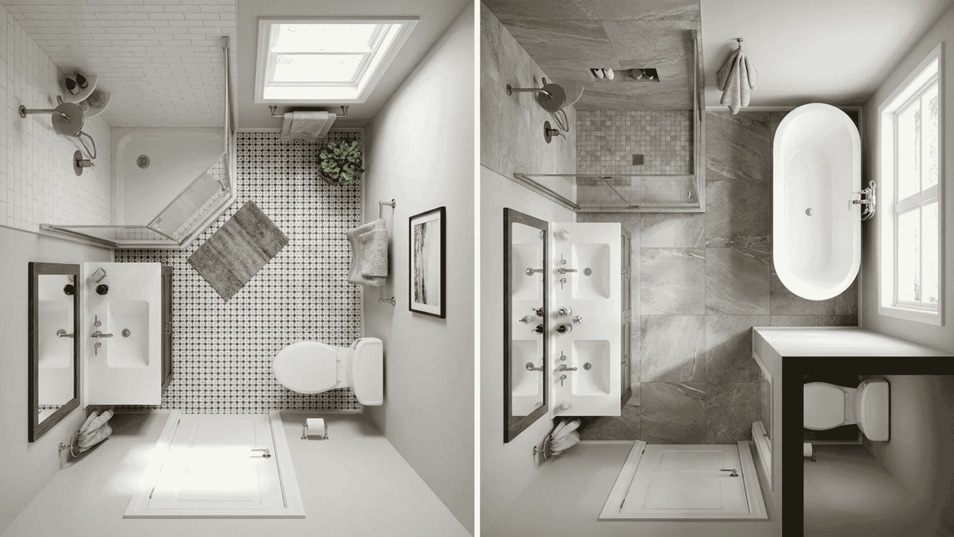 Small vs large bathroom top-down layout comparison