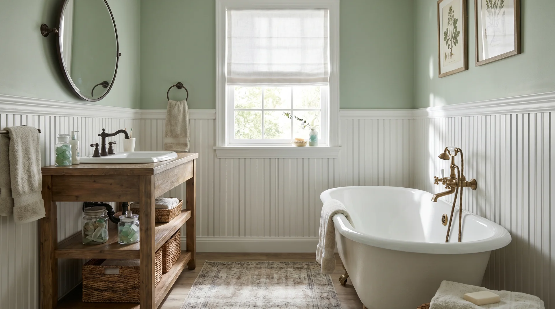 Cottage-style bathroom with white beadboard wainscoting on the lower wall, light green upper walls, and a freestanding tub.