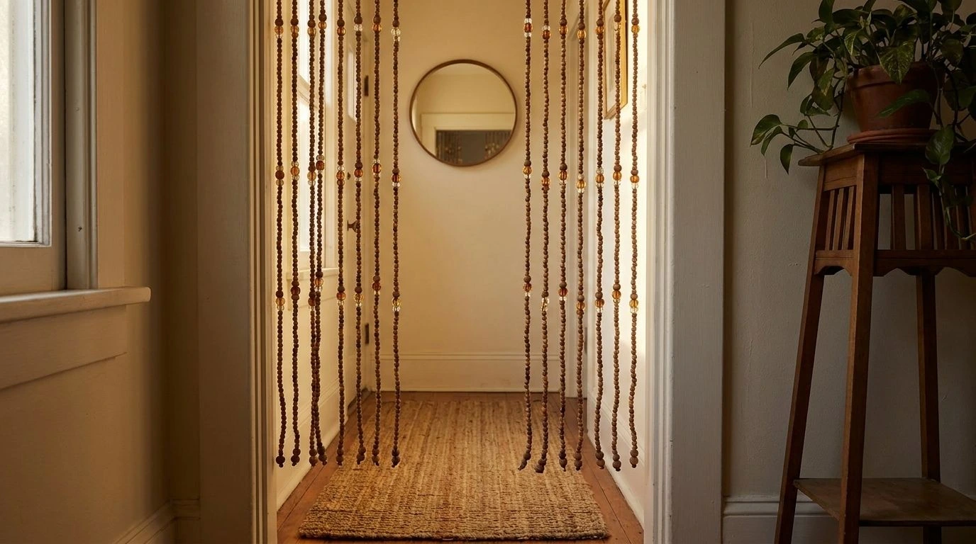 Beaded curtain hanging across a doorway between two rooms.