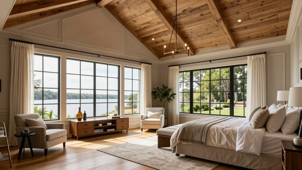 Cozy bedroom with wood ceiling beams and large windows overlooking a scenic view