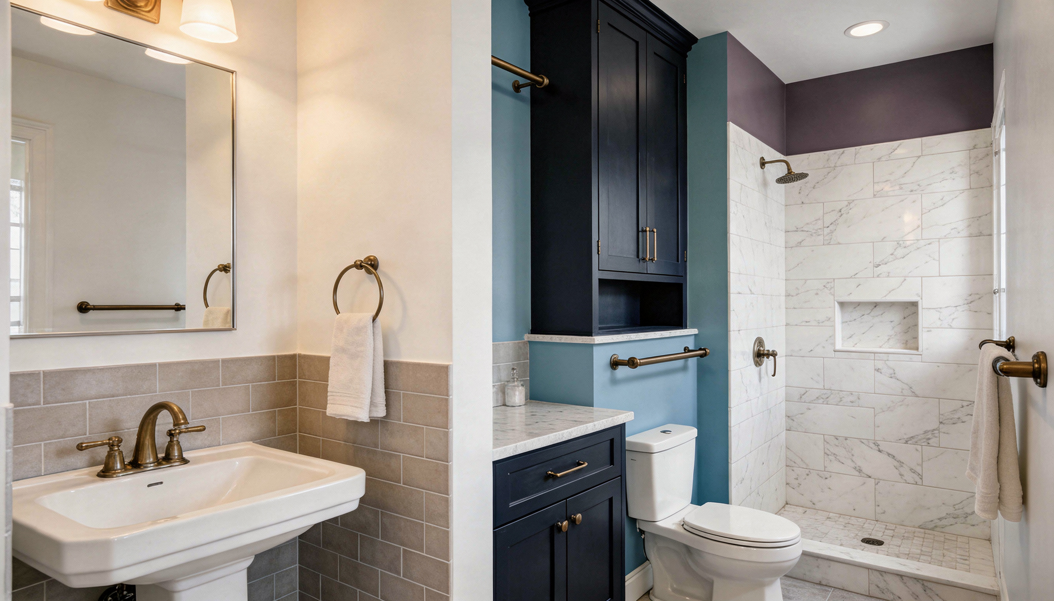 Modern bathroom featuring Benjamin Mooreβs rich color palette with navy blue cabinetry and soft teal walls, accented with brass fixtures and marble tiles.