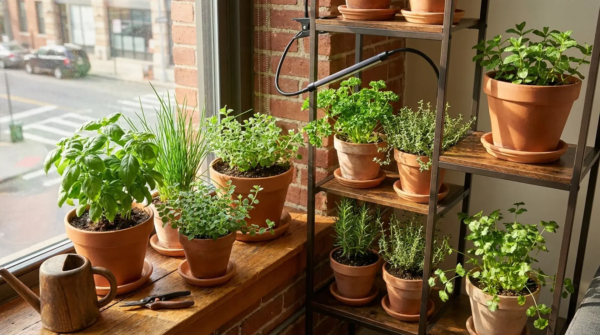 Apartment windowsill herb garden with basil, mint, rosemary, thyme, and other potted herbs.