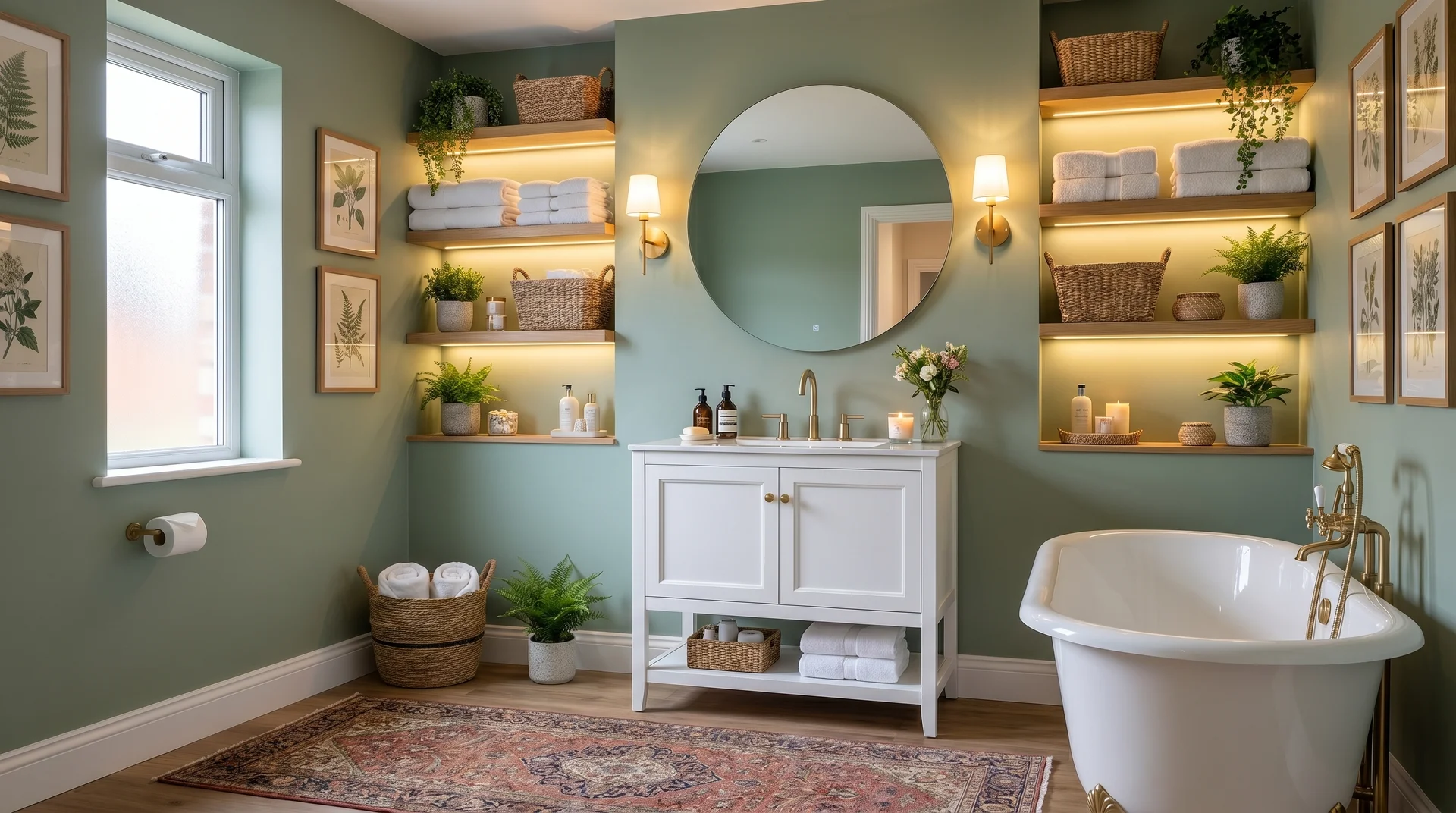 Sage green bathroom design featuring warm wooden open shelving, a white vanity, and a clawfoot bathtub.