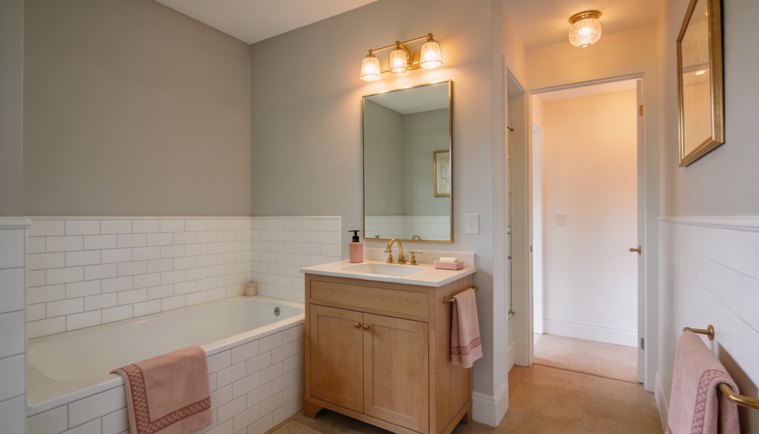 Bathroom with warm neutral tones, featuring soft grey walls, white subway tiles, and a natural wood vanity, perfect for a windowless space.