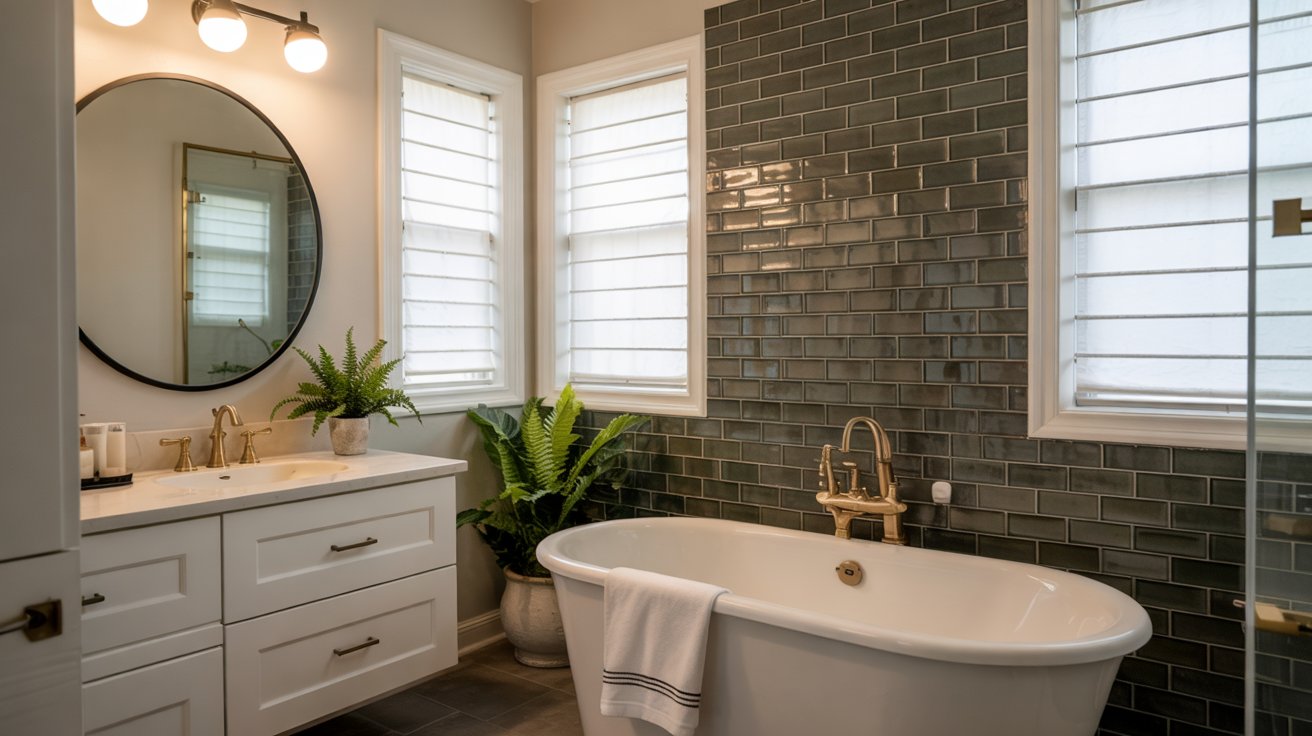 Bathroom with a dark glossy black subway tile accent wall behind a white freestanding bathtub and a white double vanity.
