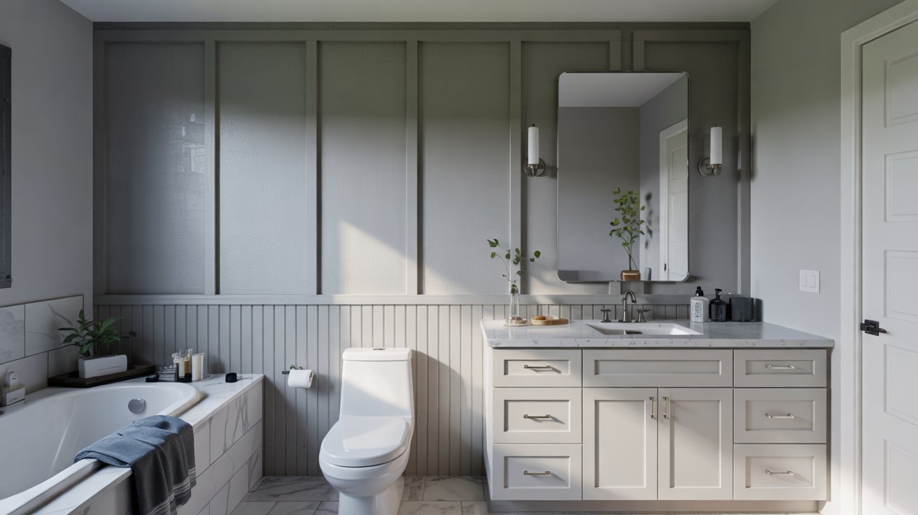 A classic bathroom featuring a light gray board and batten accent wall behind a white toilet and vanity.