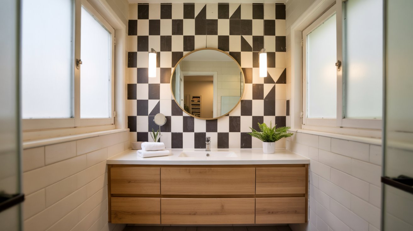 Bathroom with a black-and-white geometric diamond tile accent wall behind a round mirror and wood vanity.