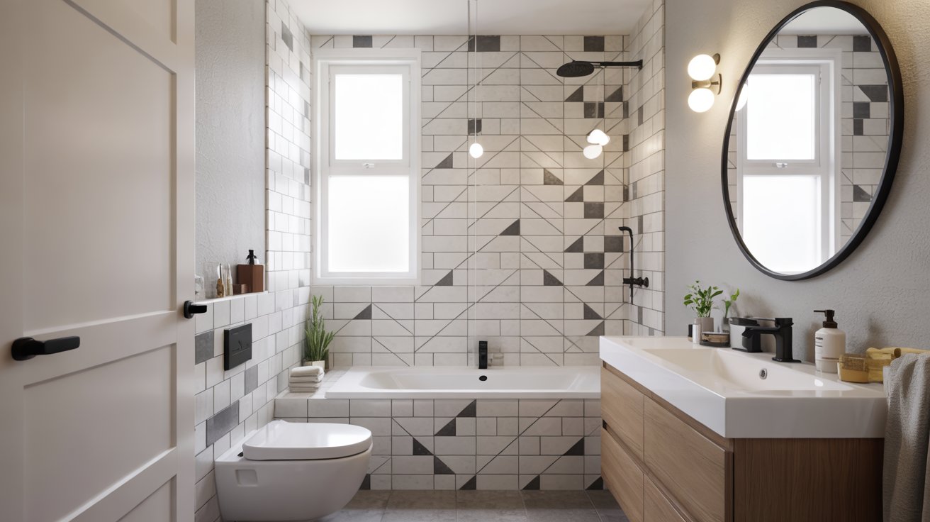 Modern bathroom featuring an asymmetric geometric tile accent wall behind a white bathtub and wooden vanity with a large round mirror.