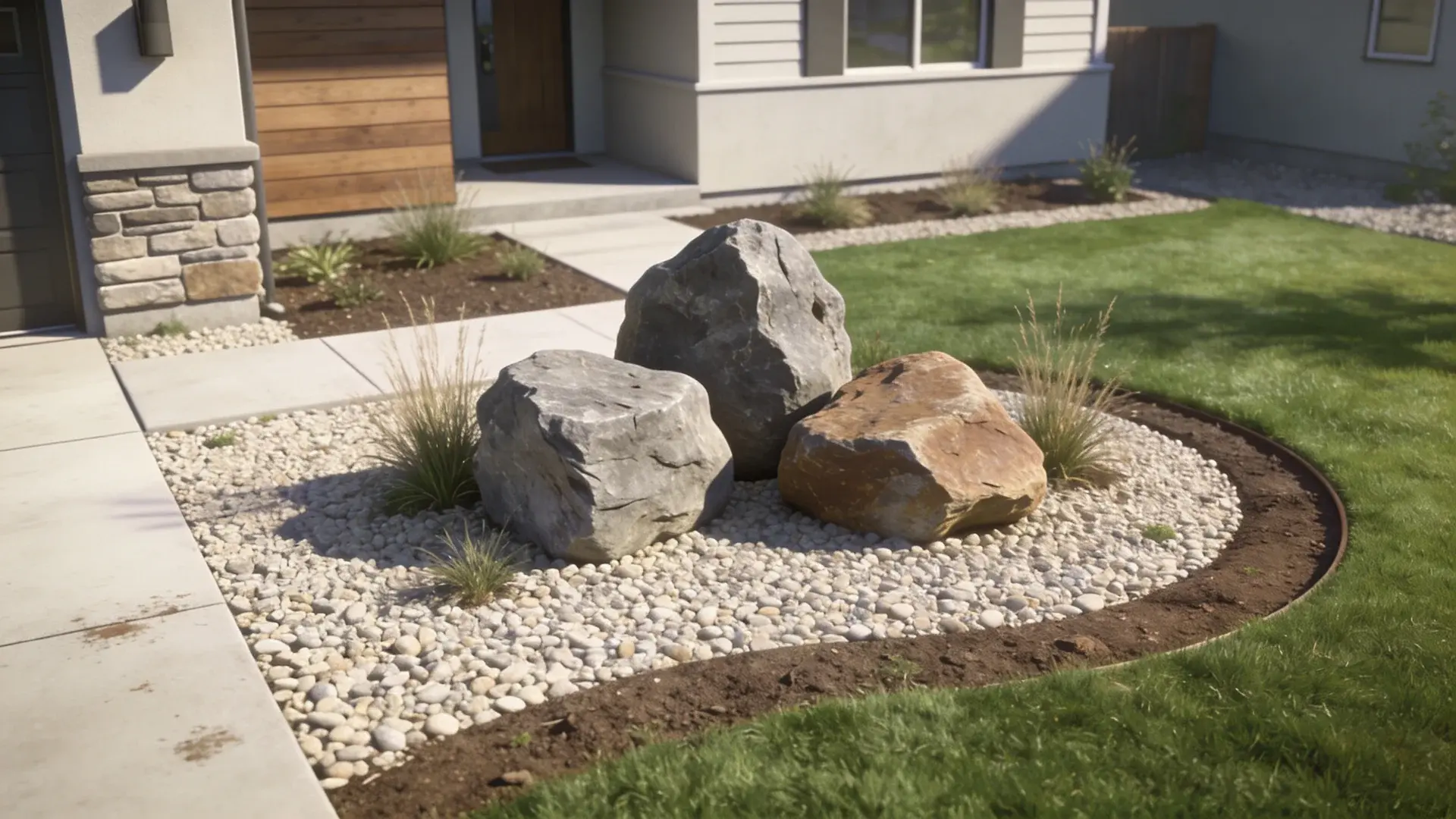 Front yard with large boulder focal point surrounded by gravel and minimal landscaping.