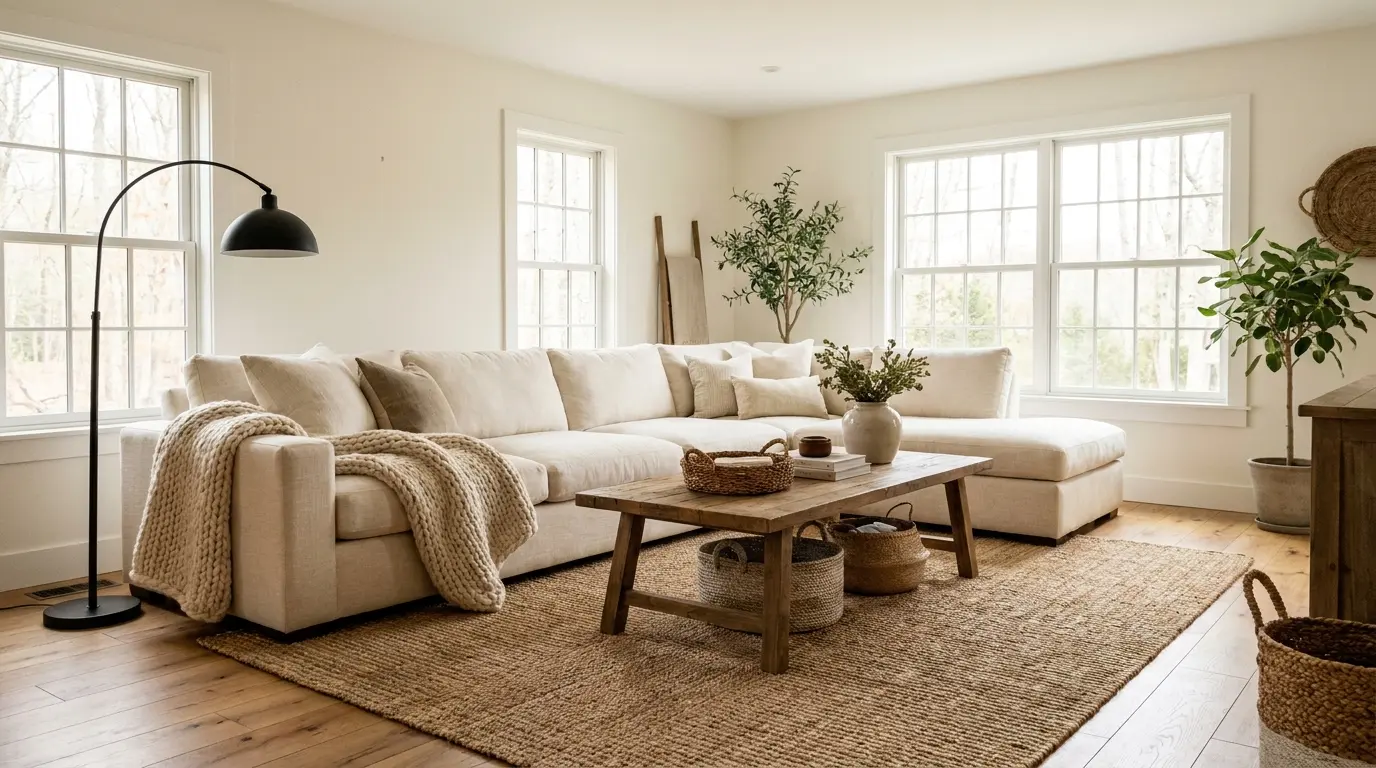 Bright white farmhouse living room with cream sofa, wooden coffee table, woven rug, plants, and large windows.