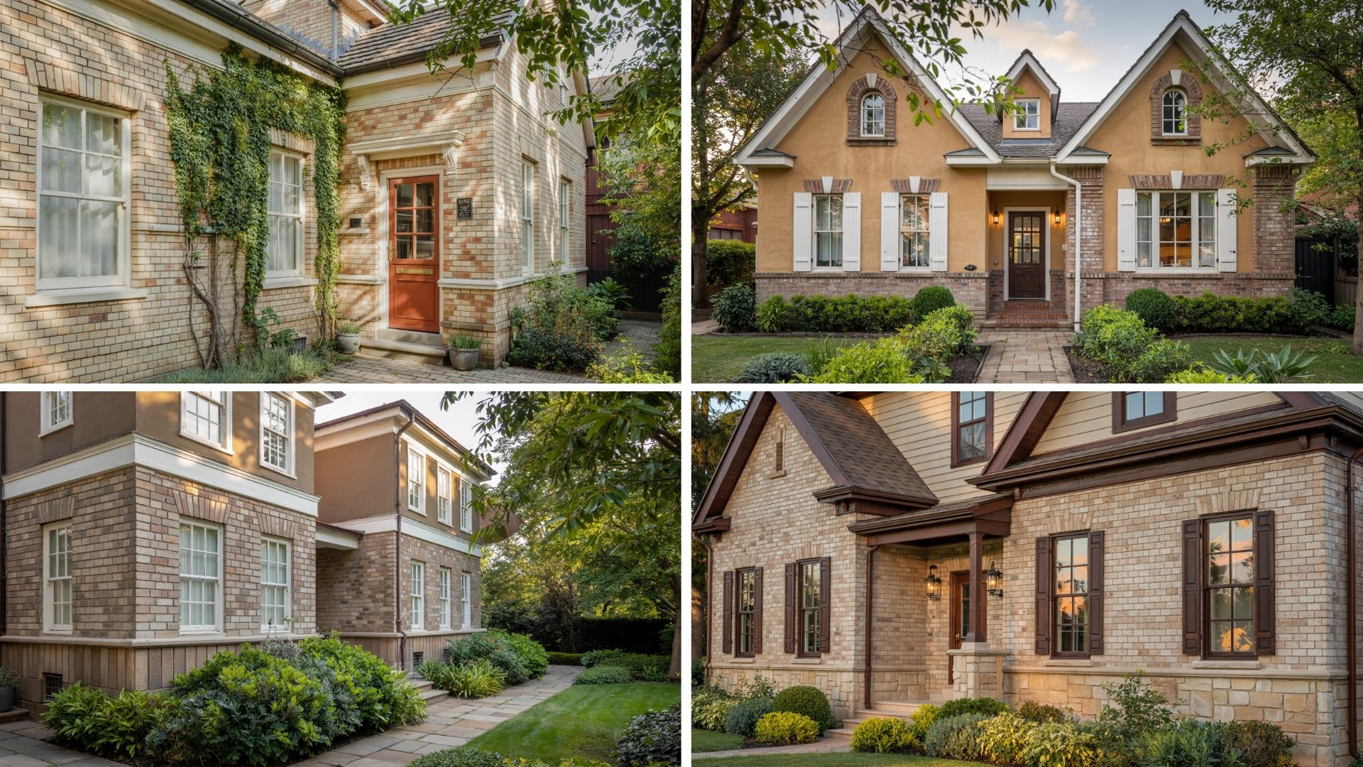A collage of four brown and tan brick homes featuring complementary exterior paint and trim colors.