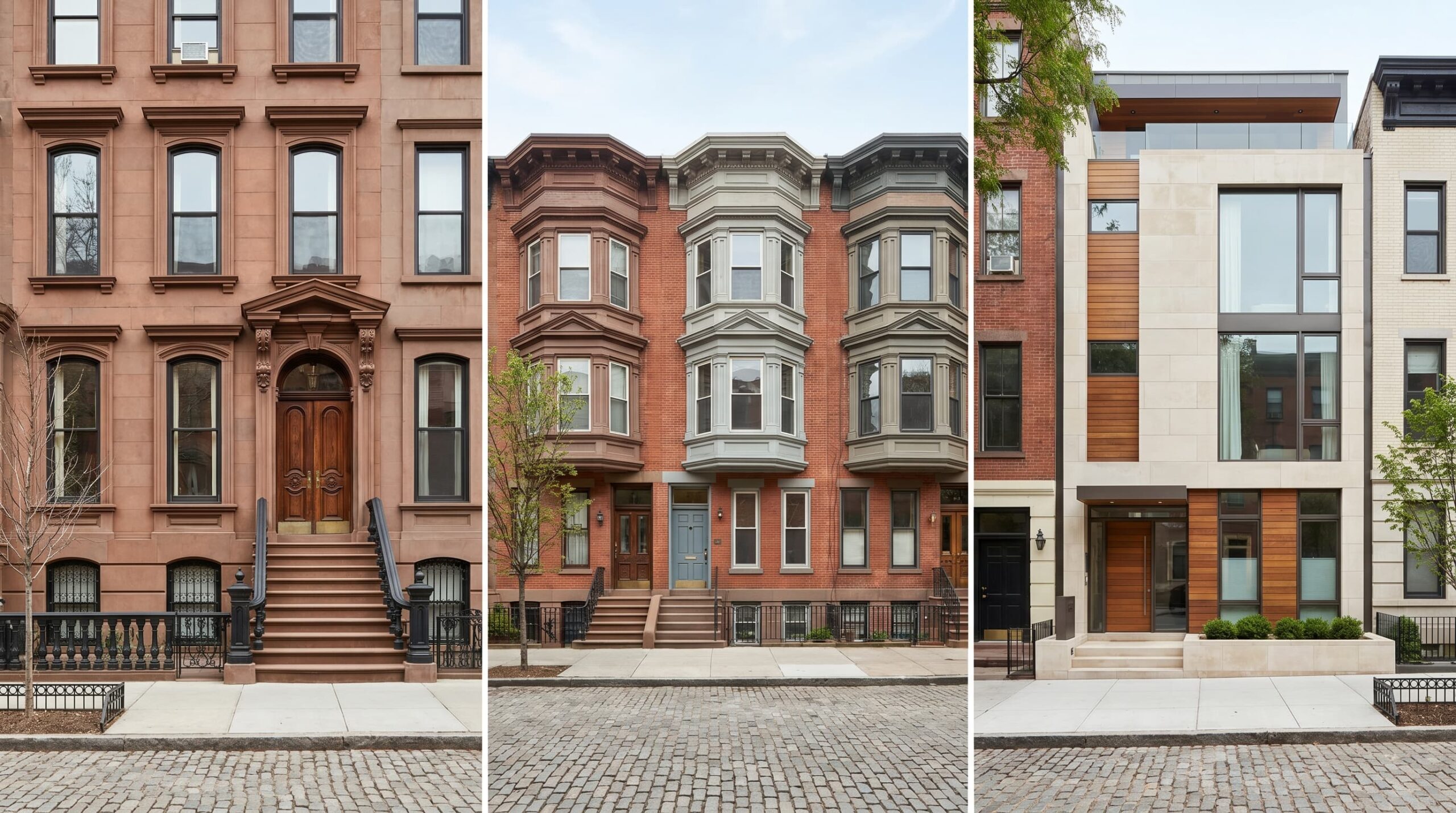 Brownstone building with stone facade, stoop, and iron rails. Row houses with structures, height, and colors.