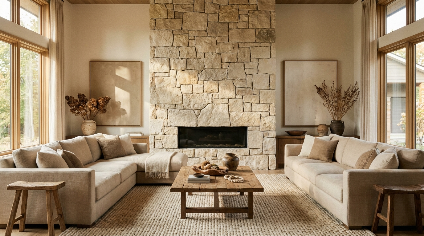 Rustic living room with natural stone accent wall and fireplace