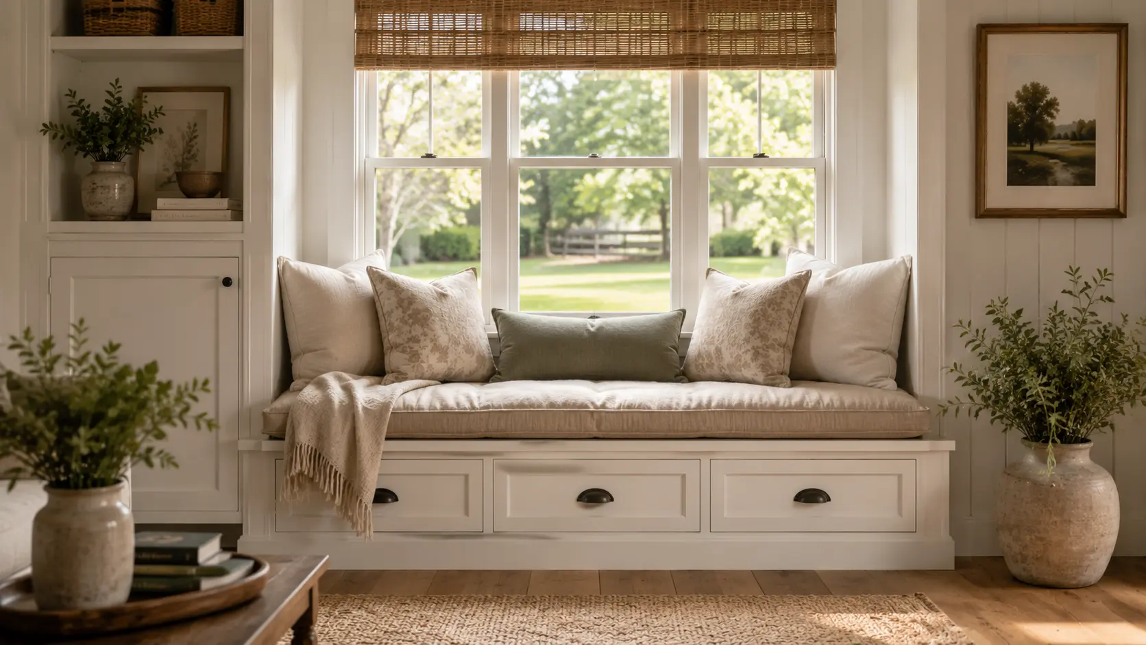 Cozy modern farmhouse window seat with neutral cushions, built-in storage drawers, woven shades, and natural greenery.