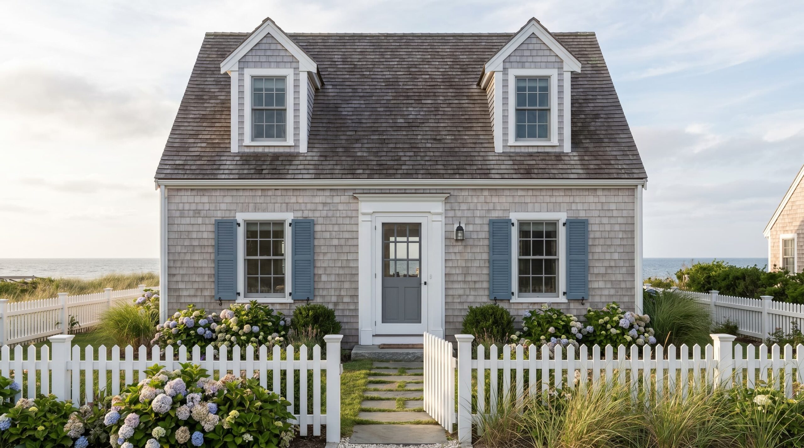 Cape Cod home with steep roof, dormer windows, and shingle siding