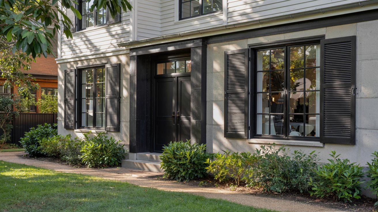 Exterior view of a home entryway featuring light stone siding, charcoal black window shutters, and a matching dark front door.