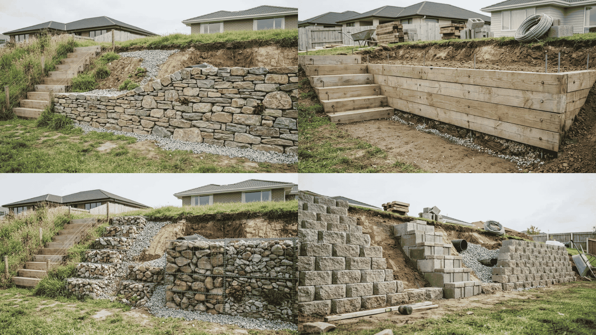 Collage of four cheapest retaining wall types on sloped yard: stone, timber sleepers, gabion baskets, concrete blocks under construction