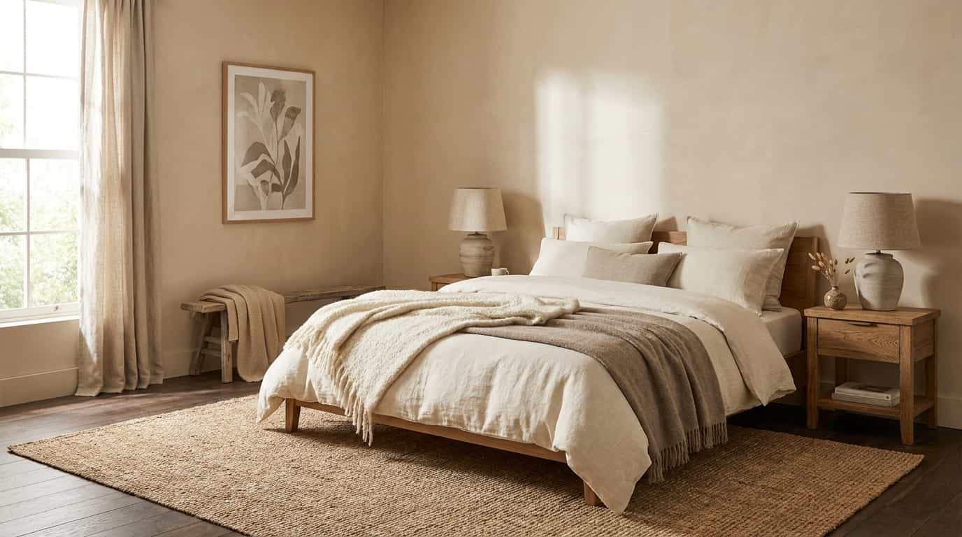Neutral modern rustic bedroom with warm beige tones and natural materials\