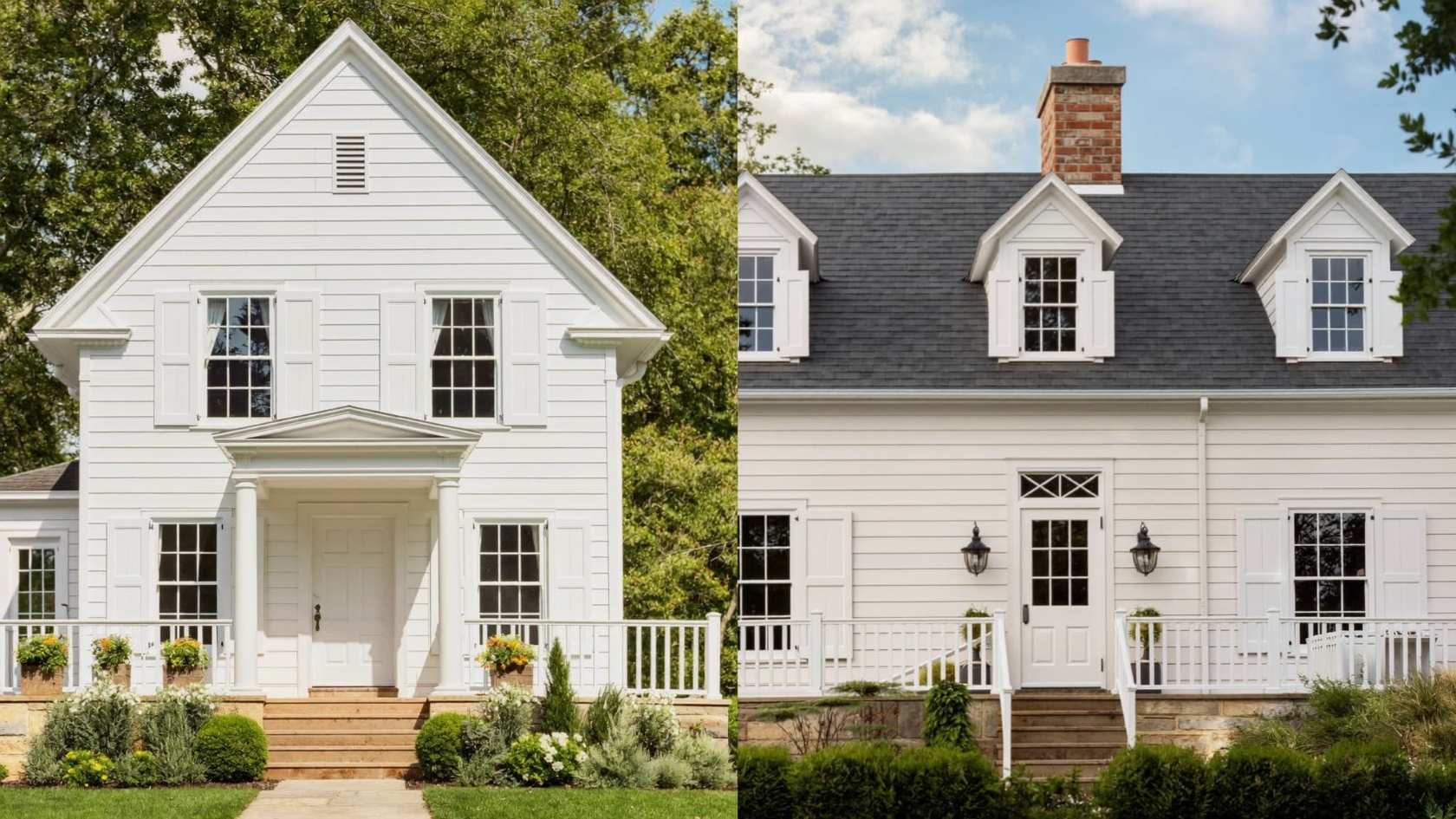 Classic White Farmhouse Exterior with Gray Roof. A timeless, crisp white and charcoal roofline combination