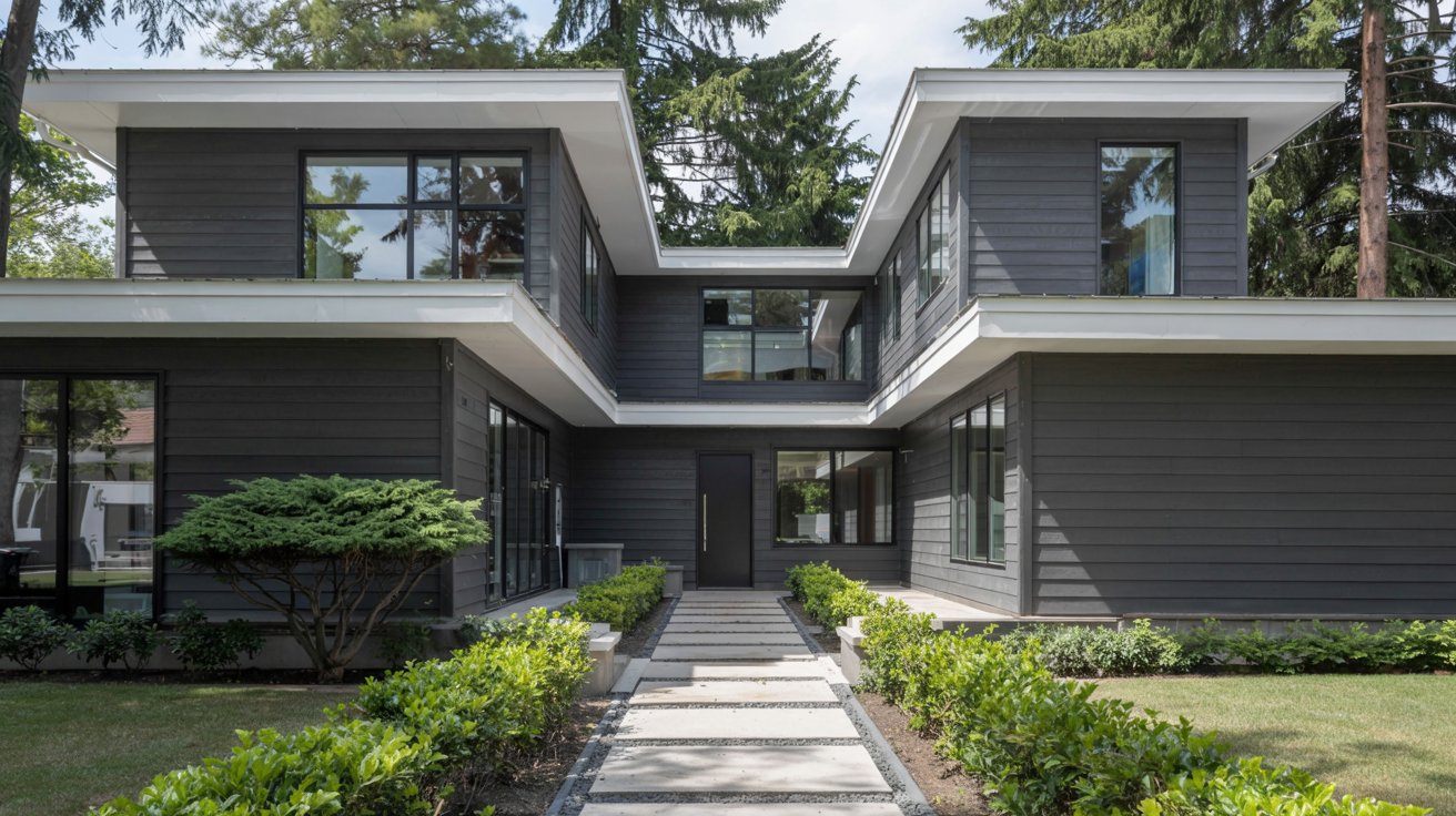 Exterior view of a modern two-story home featuring charcoal grey siding, white roof trim, and a stone entryway.