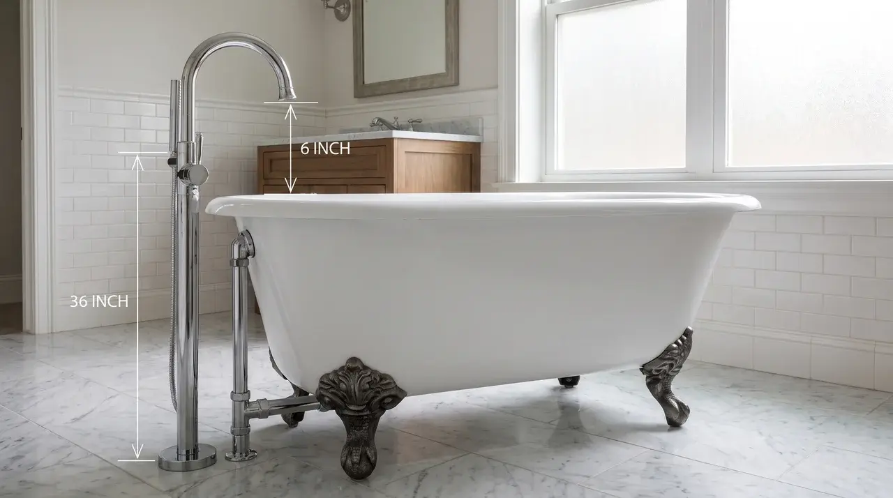 Clawfoot bathtub with floor-mounted faucet showing proper spout height and clearance above the tub rim.