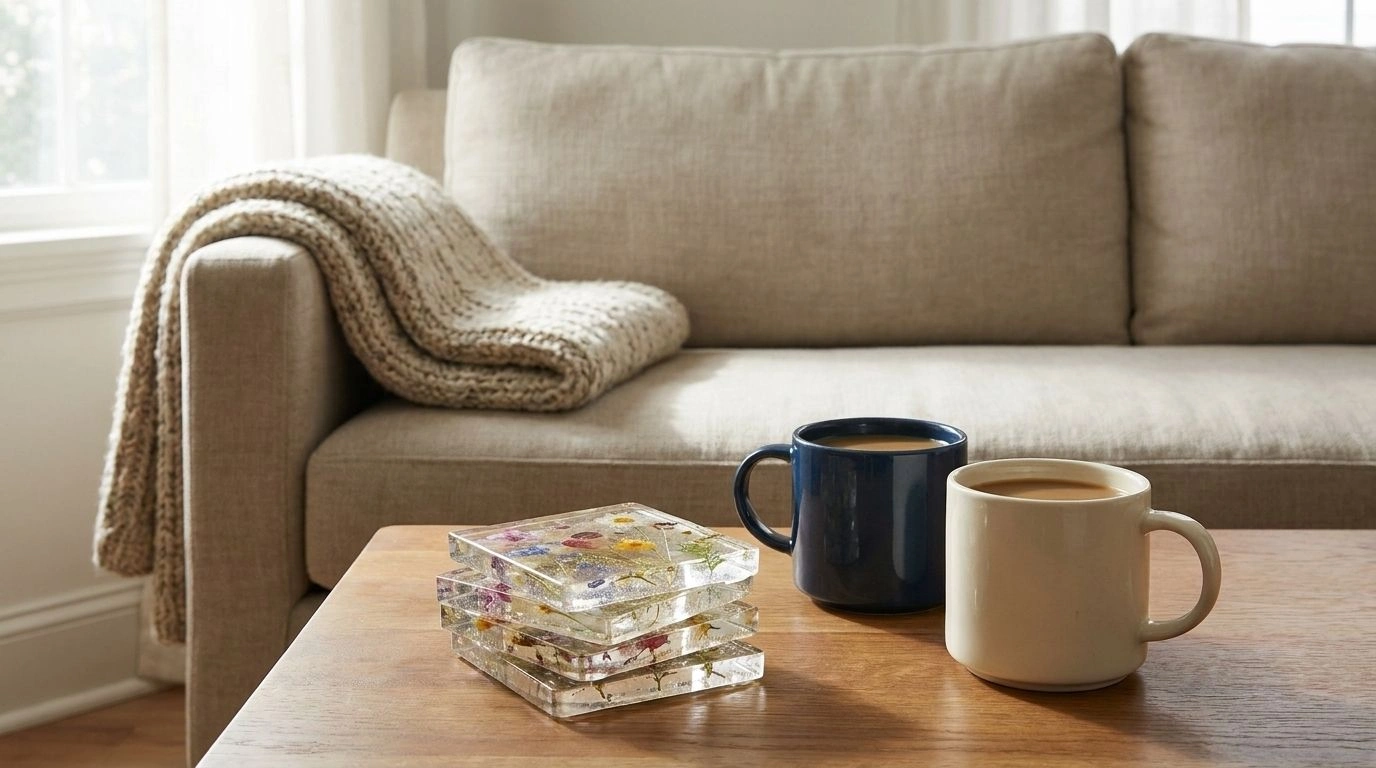 Clear resin coasters with pressed flowers stacked on a coffee table.