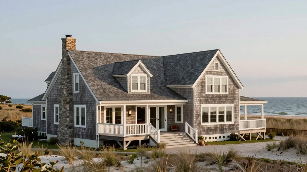 Two-story shingle style coastal home with a classic front porch and gabled roof, situated next to sand dunes and the ocean.