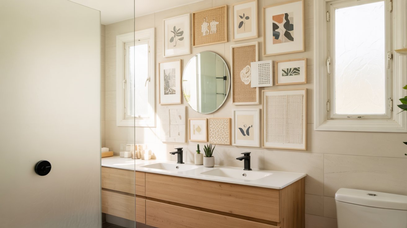 Eclectic bathroom featuring a gallery-style collage accent wall with framed art prints over a double vanity.