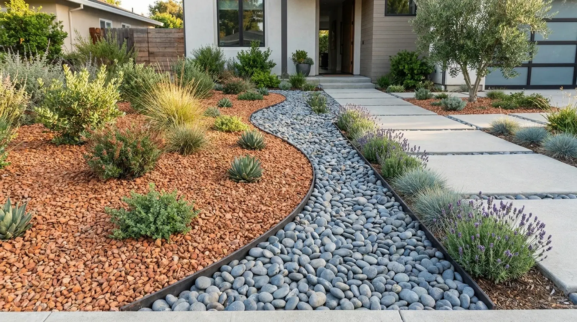 Front yard with contrasting colored rock zones and landscaped planting areas